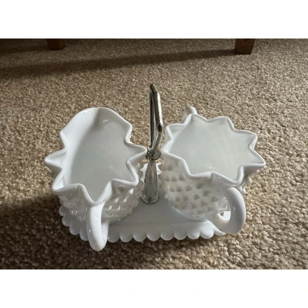 Fenton Hobnail Milk Glass Sugar Bowl and Creamer Set With Tray Vintage